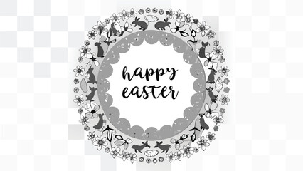 Whimsical hand drawn circular floral wreath with playful bunnies and the text happy easter in the center perfect for spring celebrations and greeting cards