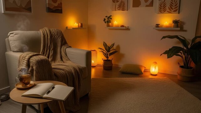 Cozy living room with warm lighting, featuring a comfortable armchair and a cup of tea on a side table