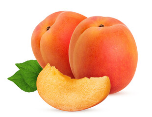 Two fresh ripe apricot and slice with leaf