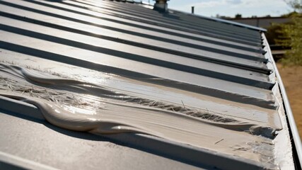 Medium shot capturing the application of elastomeric roof coating demonstrating its flexible durable layer adapting to roof movements.