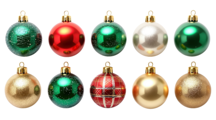 Ornament collection of festive red, green, gold, and silver baubles on black isolated on transparent background