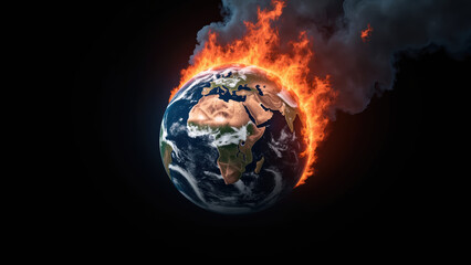 Dramatic depiction of planet engulfed flames, symbolizing climate change and environmental crisis. image showcases Earth with vibrant colors