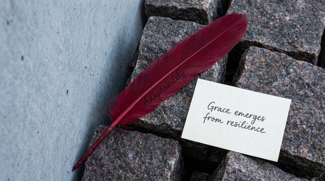 Red feather with quote rests on rough stones