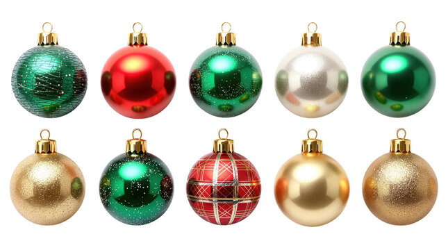 Ornament collection of festive red, green, gold, and silver baubles on black isolated on transparent background