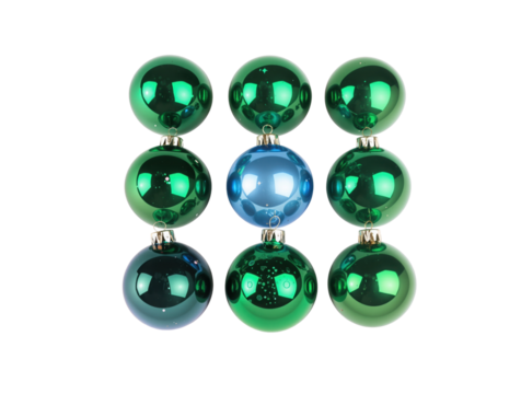 Ornament pattern with green and blue christmas baubles isolated on transparent background