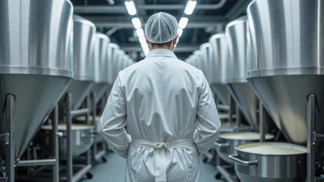 Worker white lab coat and hairnet stands modern food processing facility surrounded by large containers. atmosphere is clean and industrial