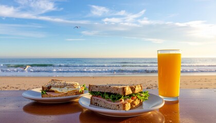 Relaxing Beach Picnic Enjoying Sandwiches and Fresh Juice by the Sea