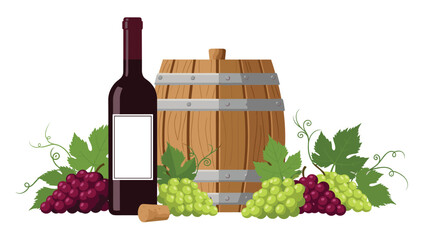 Crafted wine bottle and grapes with rustic barrel invite a taste of tradition and celebration for your next event or product design project