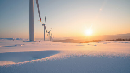 Serene winter landscape featuring wind turbines against sunset backdrop, showcasing beauty of renewable energy in snowy terrain