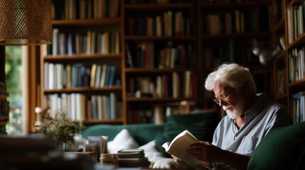 Elderly man reading a book in a cozy library with shelves full of books