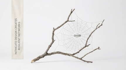 Delicate spiderweb on a bare tree branch against white background