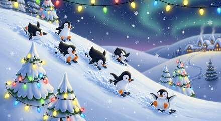 Group of Happy Penguins Sledding on a Slope with String Lights.
