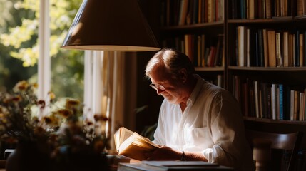 Older man reads quietly in cozy room filled with books during sunny afternoon