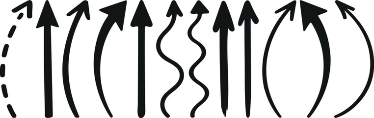 Hand Drawn Arrow Pack, Doodle Arrows Bundle, Upward Direction Icons Set, Sketch Arrows, Straight, Curved, and Wavy Symbols