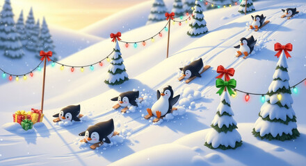 Merry Christmas Illustration with Penguins in a Snowy Mountain Landscape.