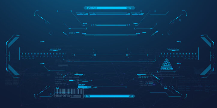 Fototapeta Futuristic blue HUD interface with digital technology elements, data bars, warning icons and holographic UI graphics on dark abstract background