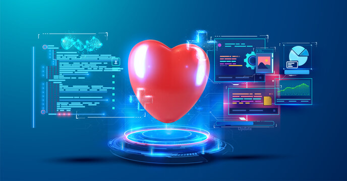 3D red heart floating above holographic platform surrounded by digital medical interface panels with health data charts code and DNA graphics on blue futuristic background
