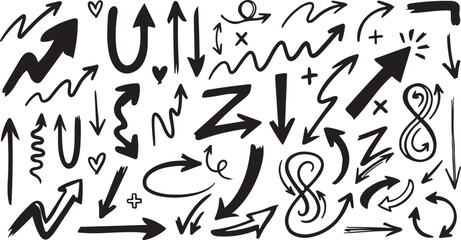 Hand-Drawn Scribble Arrow and Doodle Element Mega Pack, Chaotic Black Marker Arrows and Rough Sketch Symbols Bundle
