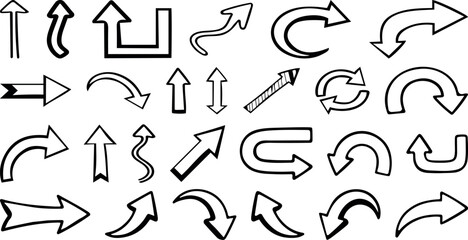 Sketch Arrow Collection, Curved, Straight, Rotating Direction Icons, Doodle Arrow Set, Thick Outline Navigation and Motion Icons