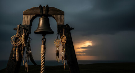 Bell hanging on wooden frame with braided rope and talismans, silhouetted against stormy sky and sunset. Concept of ancient rituals and spiritual practices, ideal for meditation or wellness themes.