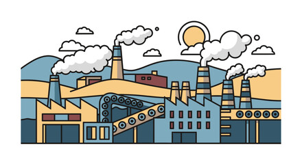 Naklejka premium Stylized industrial factory complex with smokestacks Manufacturing pollution industry illustration