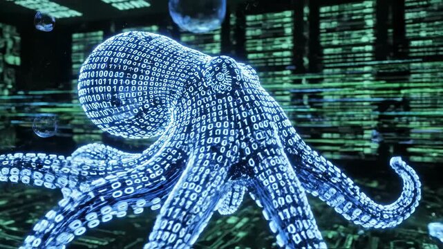 Holographic octopus made of glowing blue binary code swims in a dark digital cyberspace with circuit board pattern