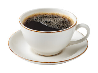 Fototapeta premium A steaming cup of black coffee rests on a delicate white saucer