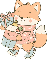 Happy walking fox in a heart-patterned sweater, carrying a gift box and a holiday drink cup with holly.