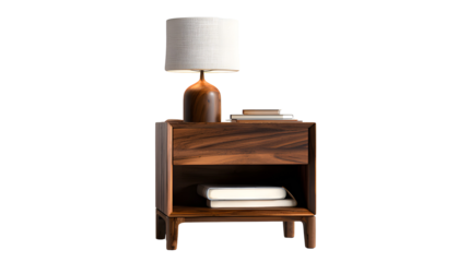 A wooden lamp and nightstand with books presented on a dark background