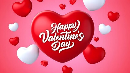 3D Realistic Red Heart Happy Valentine's Day Greeting Card Background with Calligraphy and Floating White Hearts