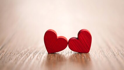 Two Red Wooden Hearts Standing on Wood Texture Table for Romantic Valentine's Day Background