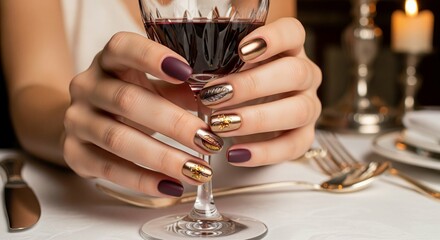 Close-up of a woman's hands holding a wine glass on a white tablecloth with elegant dinnerware in warm lighting.