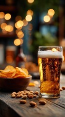 Refreshing Beer with Snacks at a Vibrant Party Setting with Bokeh Background