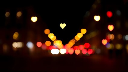 Abstract Blurred Night City Lights with Heart Shaped Bokeh Background for Valentine's Day