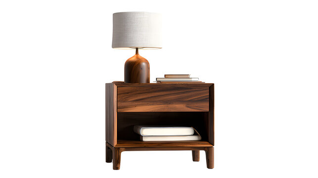 A wooden lamp and nightstand with books presented on a dark background