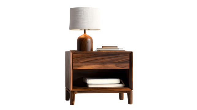 A wooden lamp and nightstand with books presented on a dark background