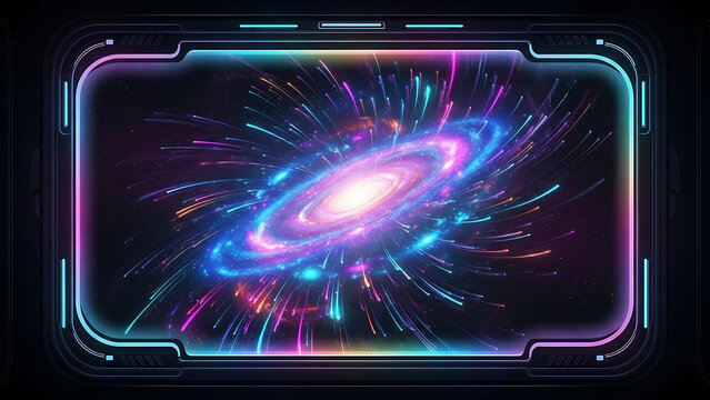 Vibrant spiral galaxy digital visualization framed by futuristic neon interface display technology. - Powered by Adobe