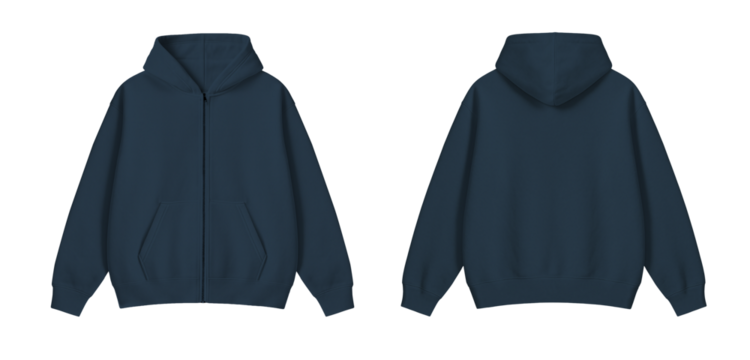 Dark Blue Zipper Hoodie Mockup Front and Back on Transparent Background