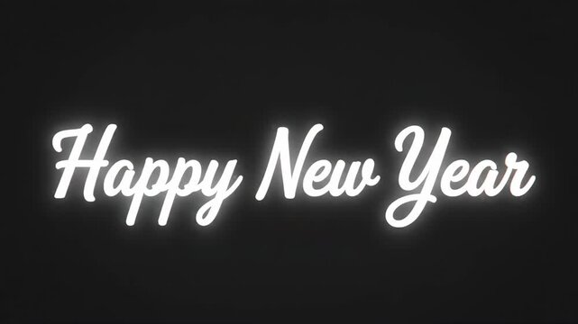 Digital happy new year greeting animation. Text evolves from glitchy neon to glowing cursive on black background. Festive new year message for celebrations and digital displays.