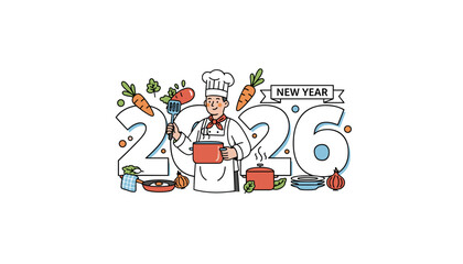 Happy New Year 2026 concept Chef cooking a celebratory meal with fresh ingredients