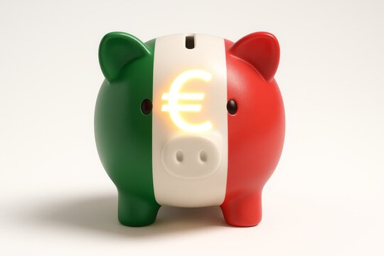 Piggy bank in Italian flag colors with glowing euro symbol, isolated on white background.