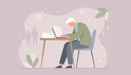 Senior man works late on laptop battling winter deadlines and paperwork overload