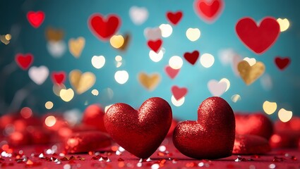 Row of Red Glitter Hearts with Bokeh Lights on Teal Background for Valentine's Day
