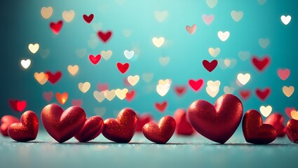Row of Red Glitter Hearts with Bokeh Lights on Teal Background for Valentine's Day