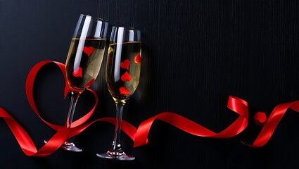 Two Champagne Glasses with Red Hearts and Ribbon on Black Background for Valentine's Day Celebration