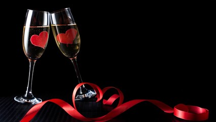 Two Champagne Glasses with Red Hearts and Ribbon on Black Background for Valentine's Day Celebration