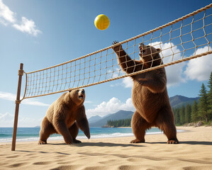 Two brown bears practising beach volleyball