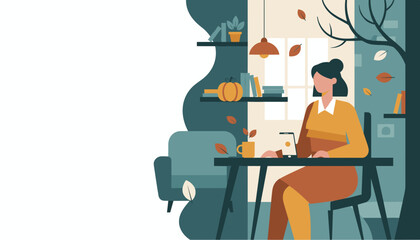 Remote work lifestyle in a cozy autumn home office with pumpkin decor and falling leaves