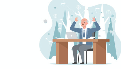 Stressed businessman overwhelmed by winter problems or frozen economy flat vector illustration with copy space
