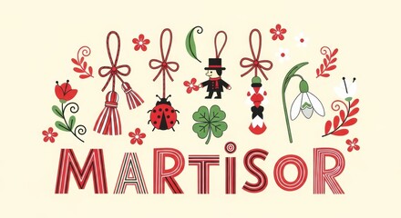 Martisor traditional symbols and decorations with the word martisor written in decorative letters, celebrating spring arrival